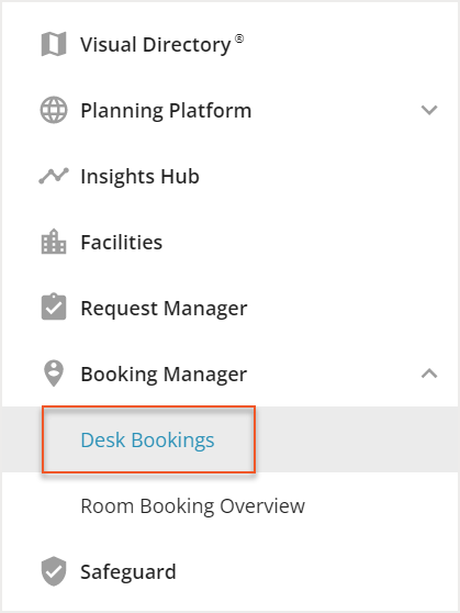 Desk Bookings indicated under Booking Manager accordion menu