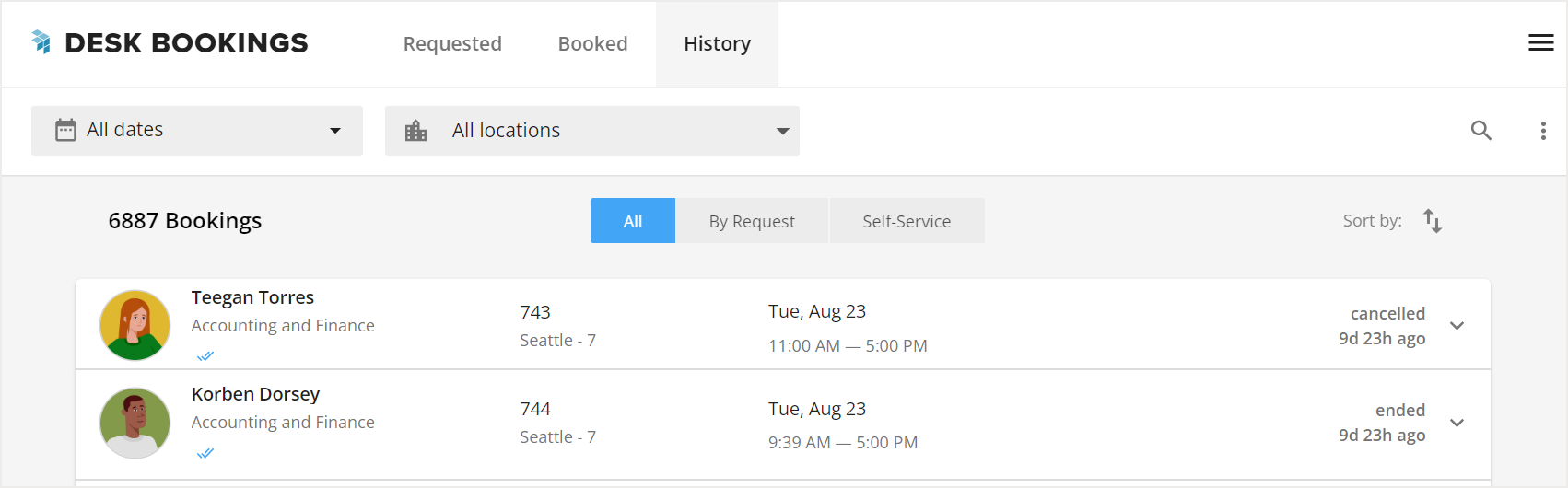 History tab with 2 booking cards
