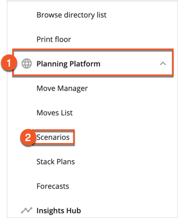 Hamburger menu with Planning Platform Expanded and Scenarios Selected