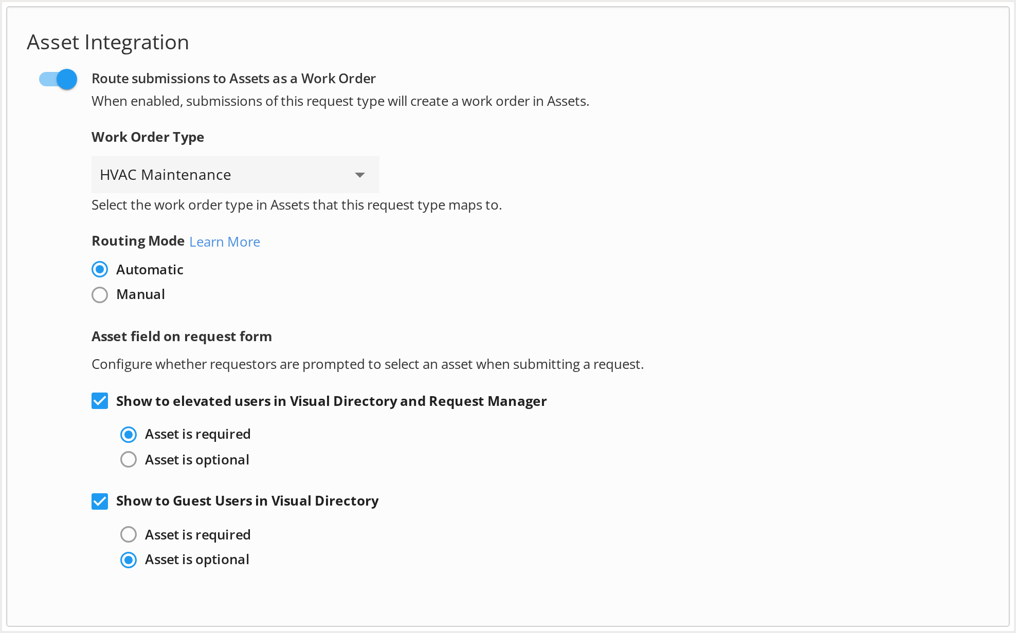 HC04-asset-integration-enabled The Asset Integration section of a request type with Route submissions to Assets as a Work Order turned on, and the Work Order Type, Routing Mode, and asset field settings below it.