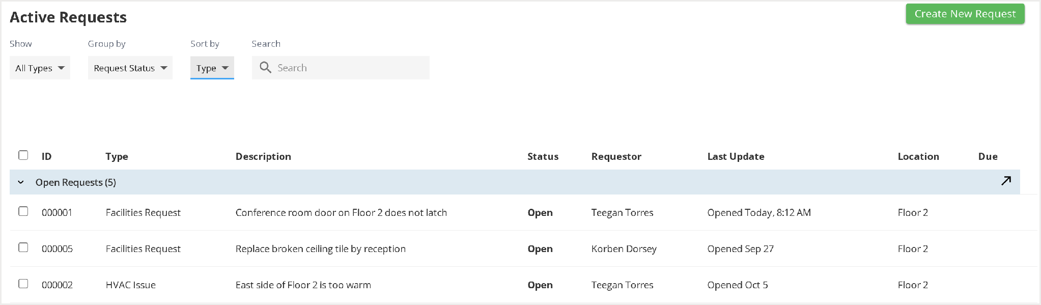 HC11-active-requests-unsent-facilities-request The Active Requests list with Teegan Torres's open Facilities Request, Conference room door on Floor 2 does not latch, in the first row.