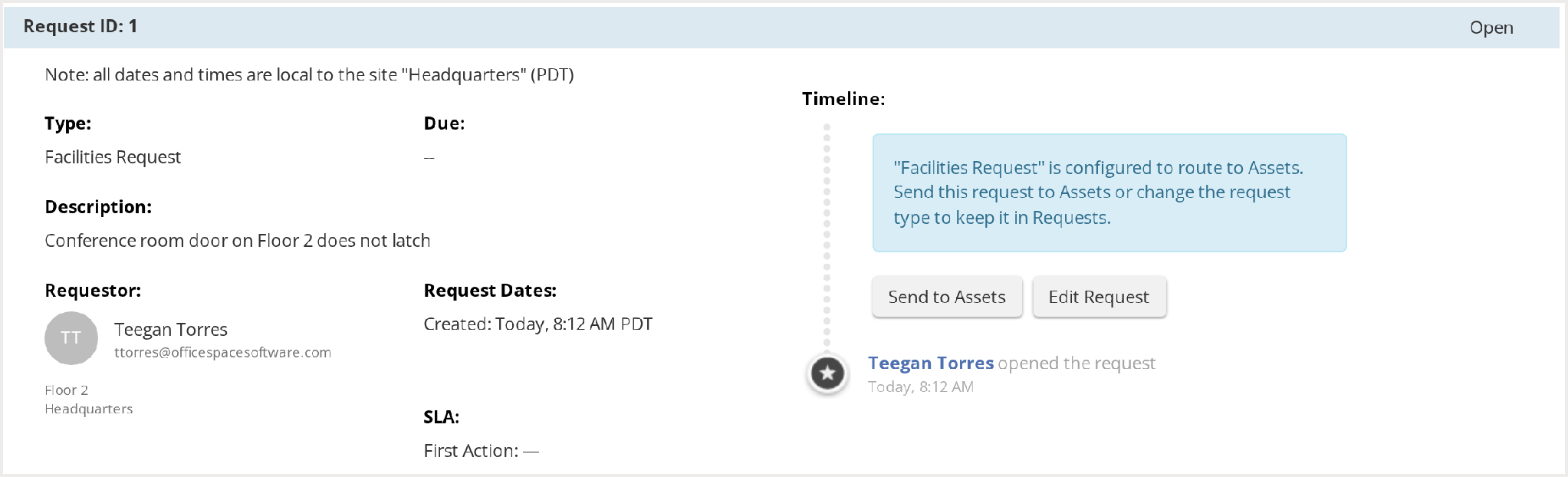 HC12-request-detail-send-to-assets Request ID 1, a Facilities Request from Teegan Torres, with a note that the request type routes to Assets and the Send to Assets and Edit Request buttons in the timeline.