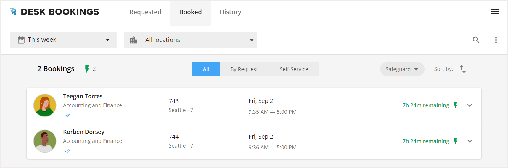Booked tab with 2 booking cards