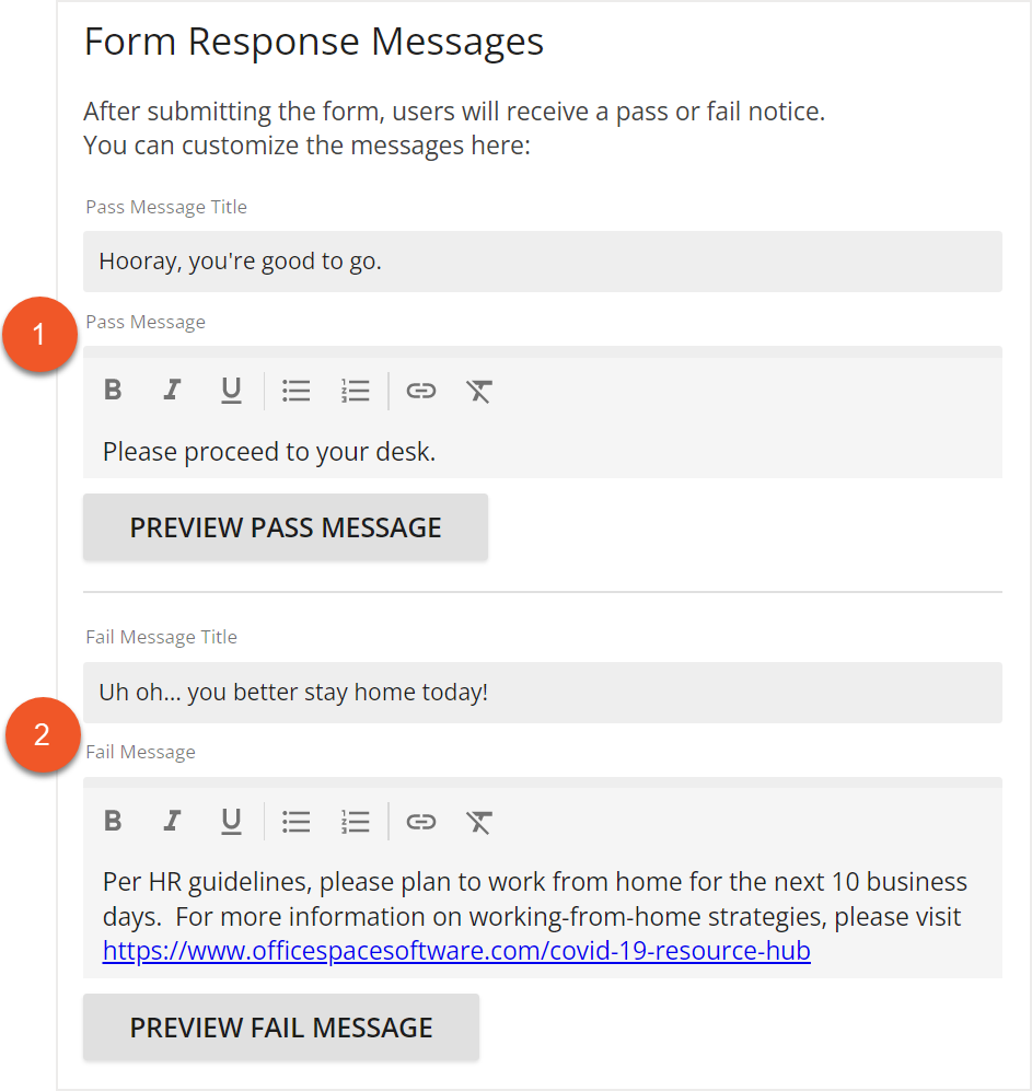 Pass and Fail message fields indicated