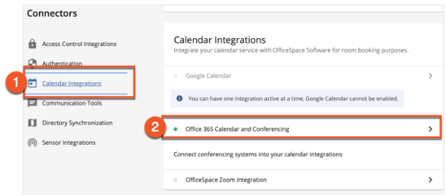 Calendar integrations panel annotated