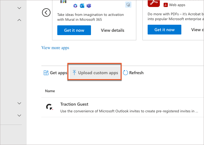 Upload custom apps button highlighted
