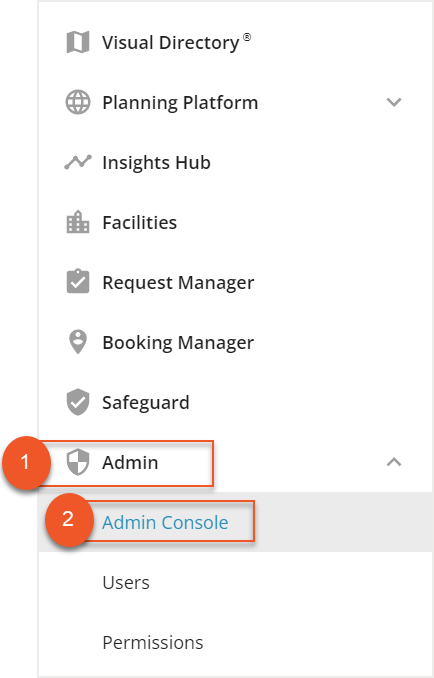 Hamburger menu with admin accordion menu and admin console link indicated