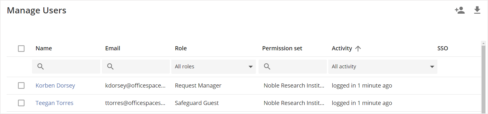 Manage Users screen