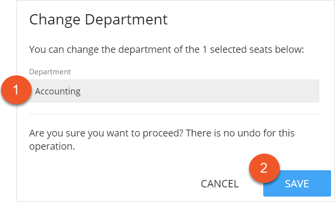 Change Department screen with department field and save button indicated