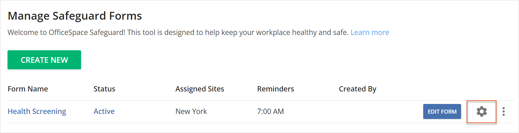 Form Settings button indicated on the Manage Safeguard Forms screen