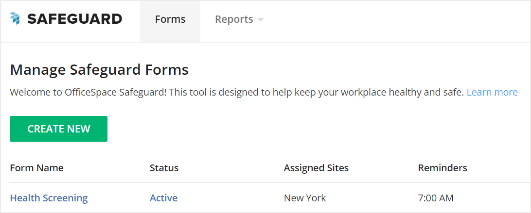 Manage Safeguard Forms screen