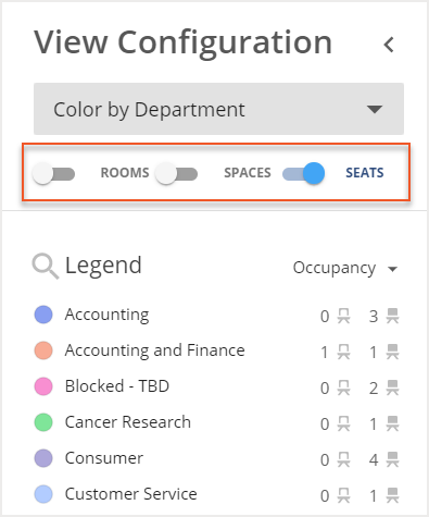 Rooms, Spaces, and Seats toggles