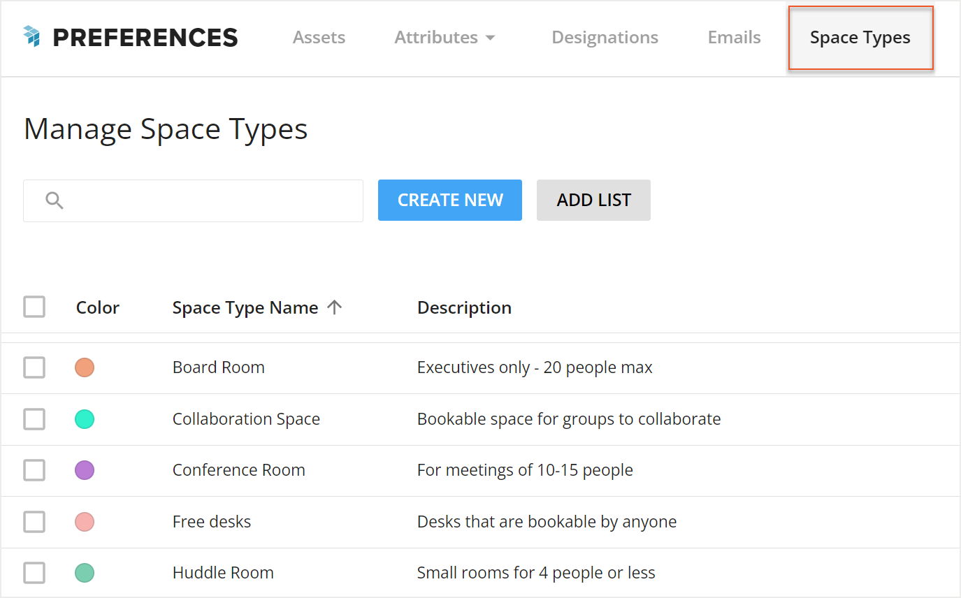 Manage Space Types screen with Space Types tab indicated at the top in the Preferences navigation bar