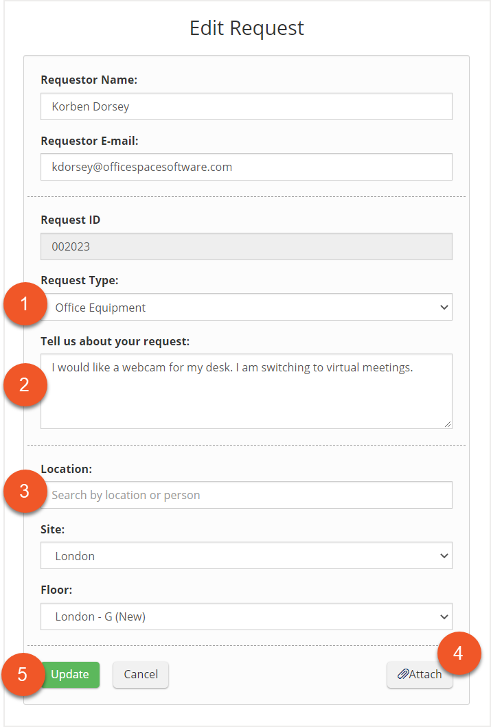 Edit request screen with fields indicated