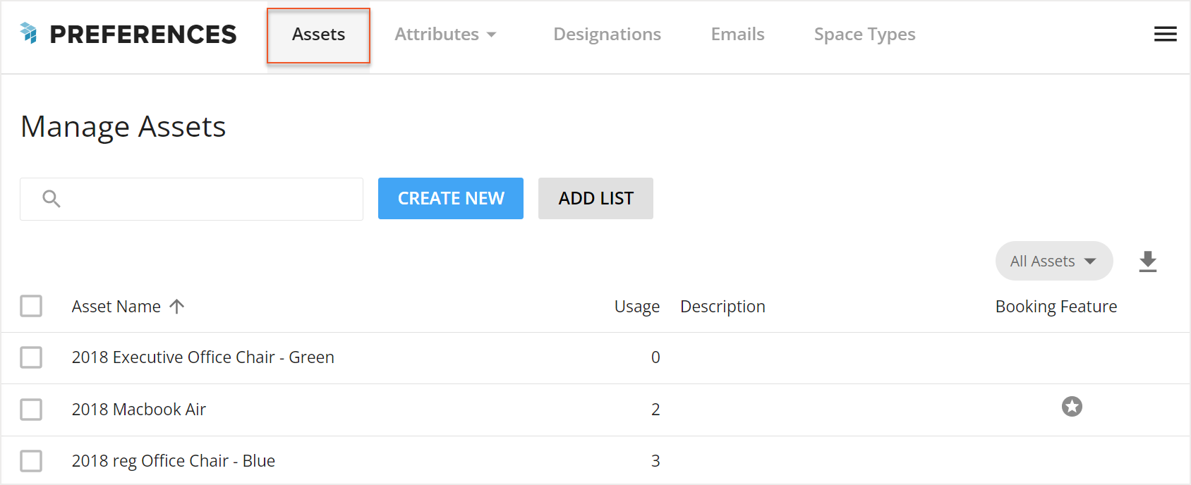 Manage Assets screen with Assets tab indicated on Preferences navigation bar at the top of the screen