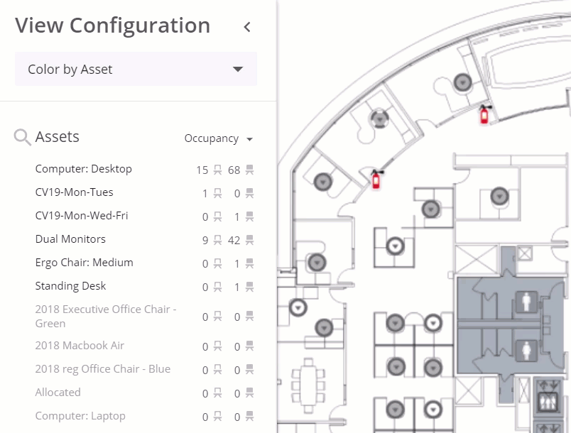 Selecting a asset in colour by asset view in View configuration and seats with matching assets showing color