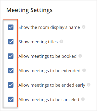 Meeting settings with check boxes indicated next to each setting