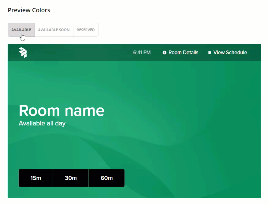 Selecting the Available Soon and Reserved options in preview colors section to preview room display