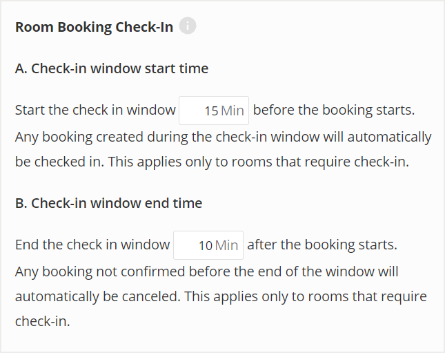 Room Booking Check-In start window and end time settings