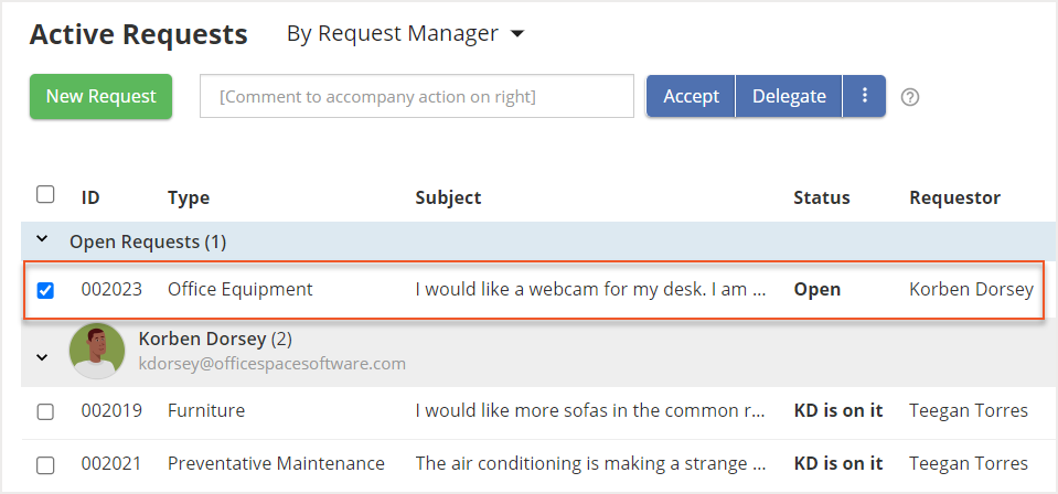 Selected open request indicated