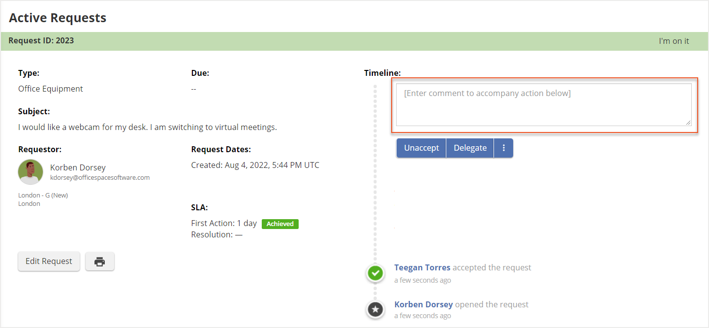 Request details with comment box indicated