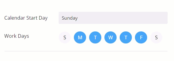 Selecting the Calendar Start Day field and browsing through the list of days