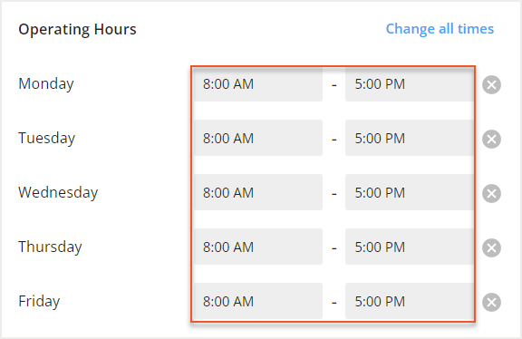 Operating hours start and end time field for each day of the week