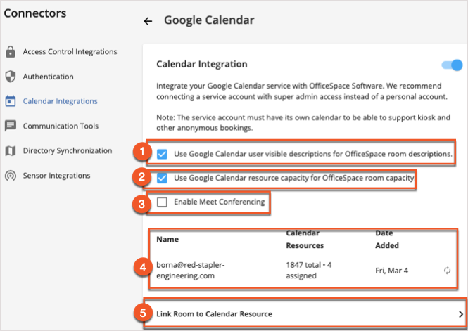 Calendar Integration panel with Google integration enabled annotated