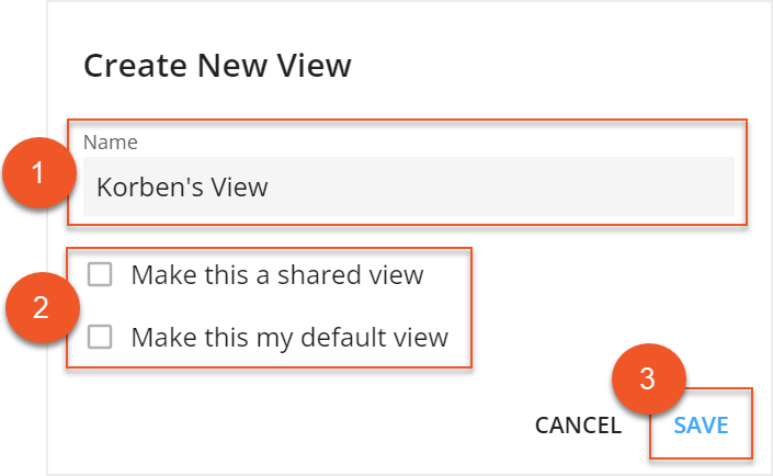 Create New View screen with name field, checkboxes, and save button indicated