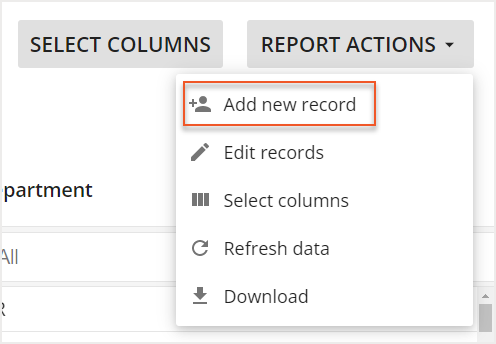 Add New Record button indicated in expanded Report Actions dropdown