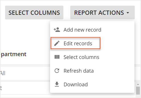 Edit records button indicated in expanded Report Actions dropdown