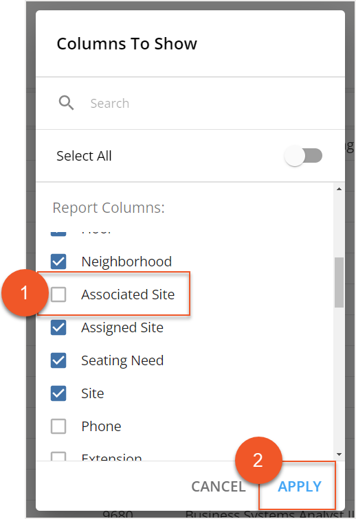 Columns to Show screen with Associated Site checkbox and Apply button indicated