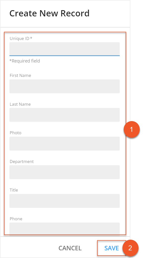 Create New Record screen with various fields and Save button indicated