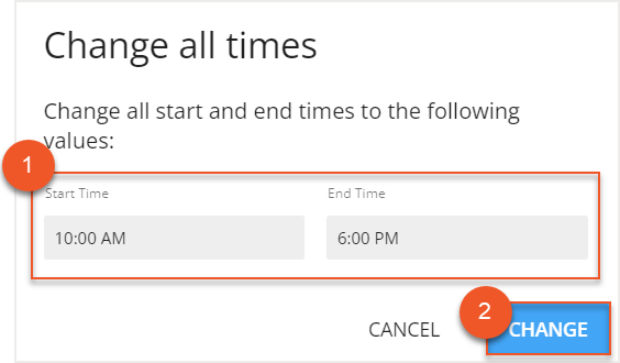 Start and end time fields and change button indicated in Change all times screen