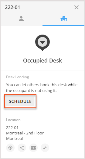 Visual Directory - Lend a desk flow - Schedule highlighted
