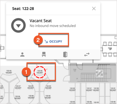Selecting a vacant seat and occupy button annotated