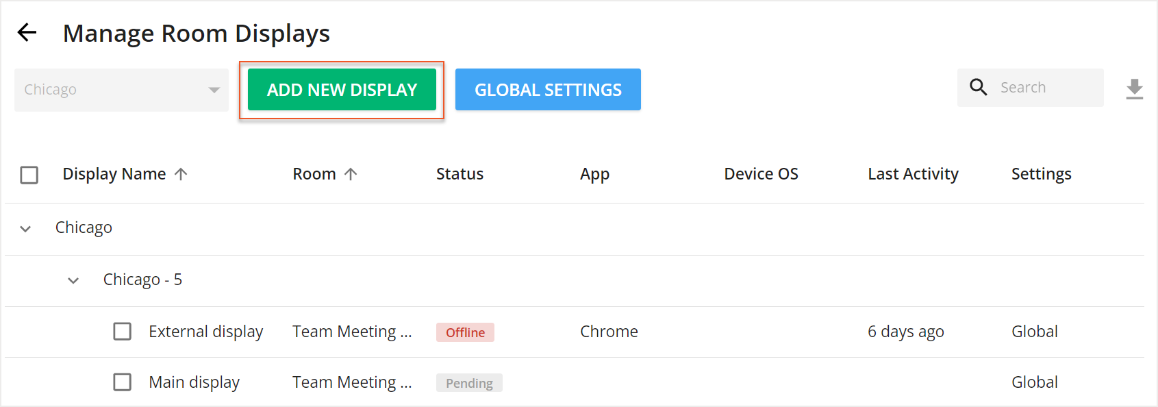 Add new display button in Manage Room Displays screen