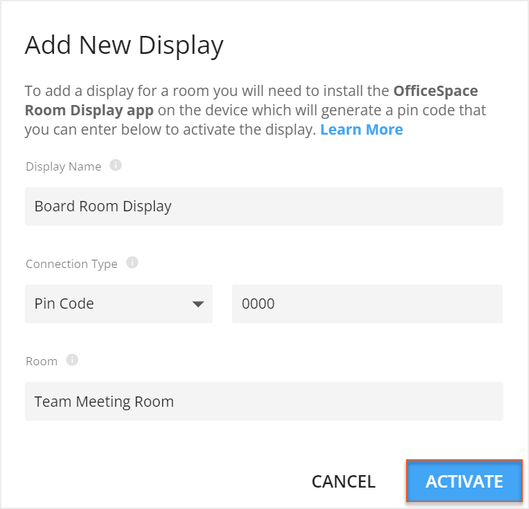 Activate button in add room display screen