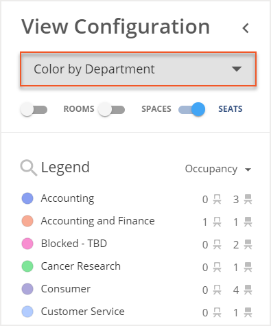View configurations with Color by Department selected in the dropdown