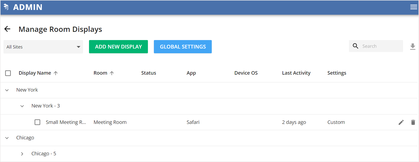 Manage Room Displays screen