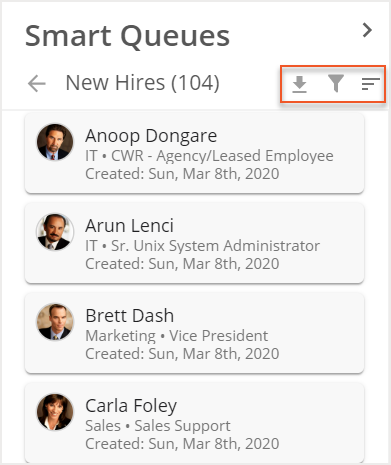 New Hires Queue with filtering tools indicated