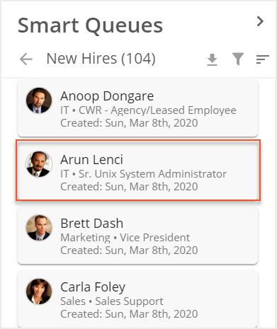 New Hires Queue with New Hire Card indicated in list