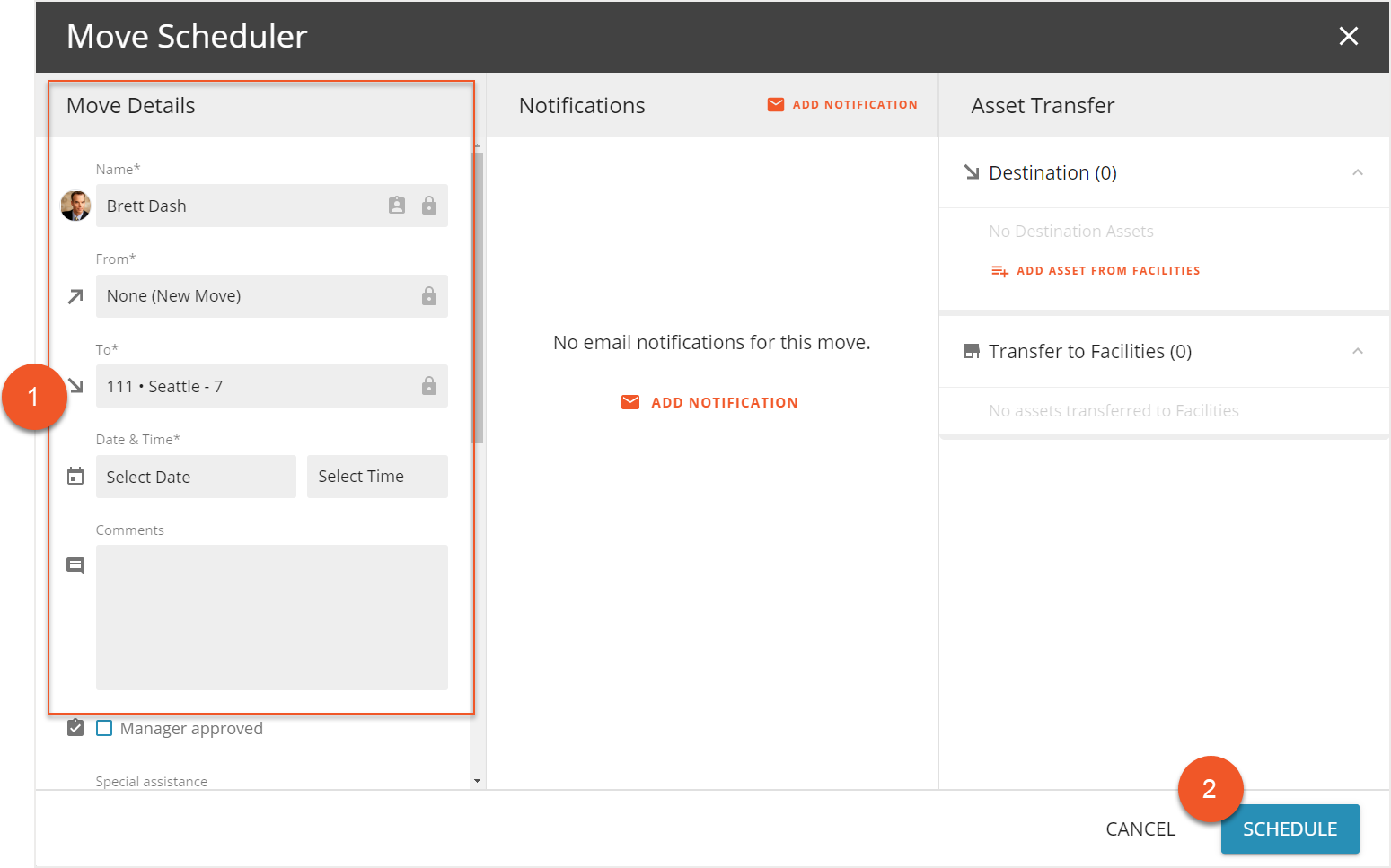 Move Scheduler screen with Move Details and Schedule button indicated
