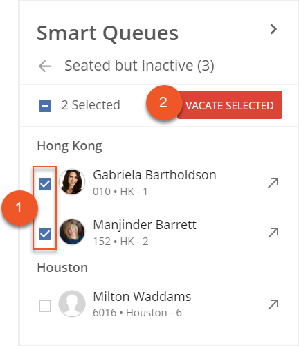 Seated but Inactive Queue with selected checkboxes and Vacate Selected button indicated
