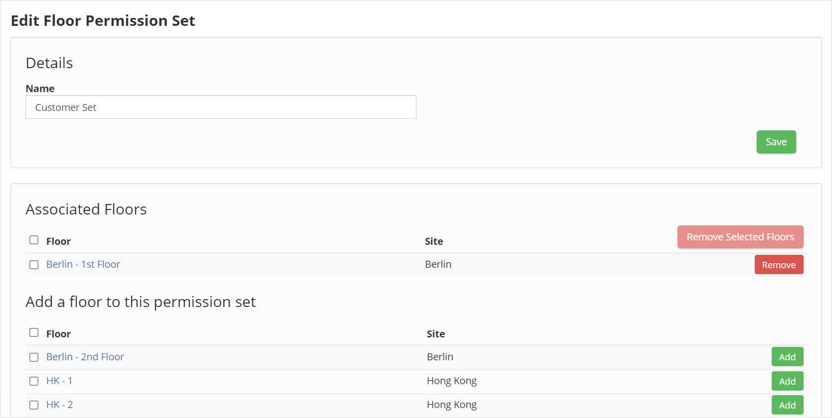 Edit Floor Permission Set screen