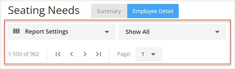 Dropdown menu and filter tools in top left corner of the seating needs report - employee detail tab