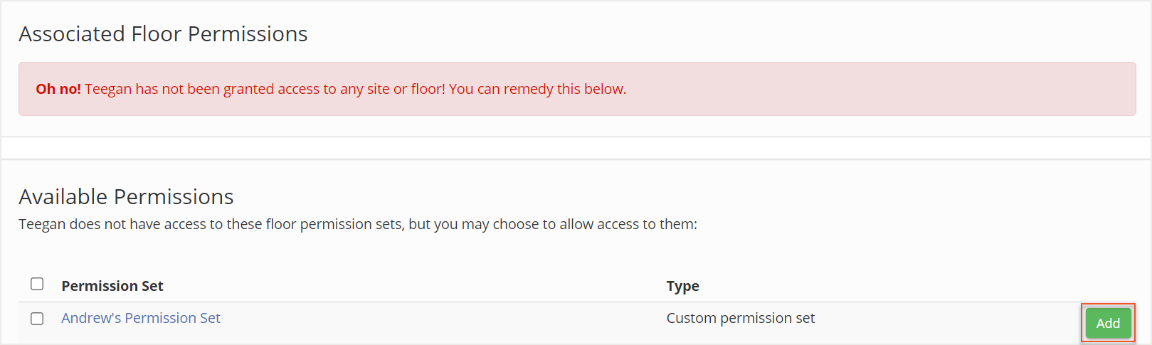Selecting permission set with Add button indicated