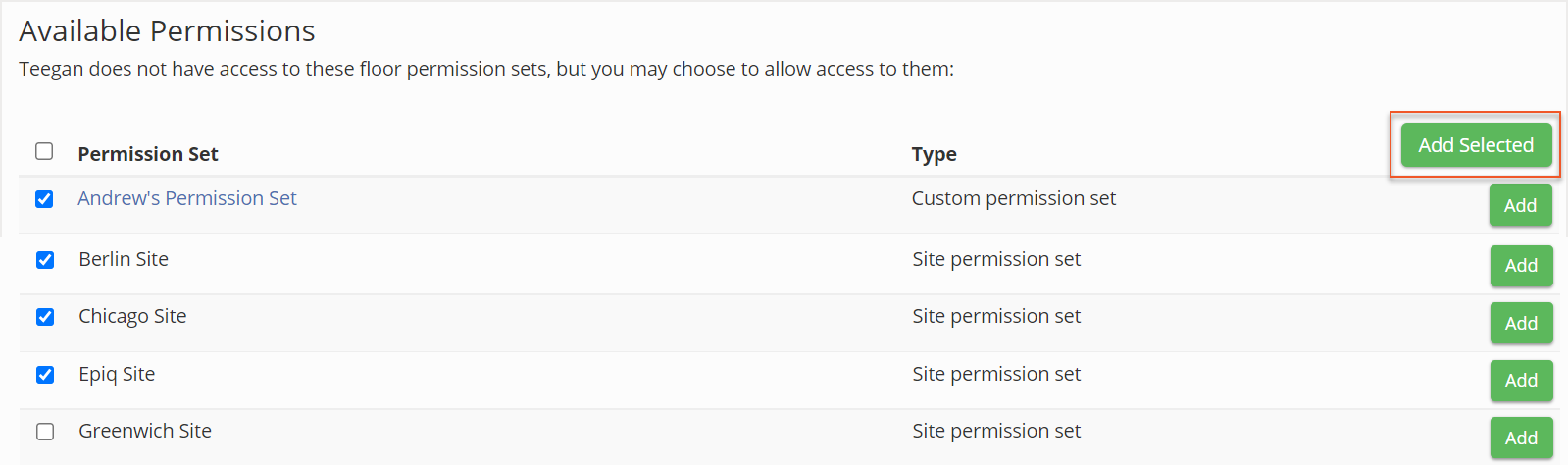 Selecting multiple permission sets with Add Selected indicated