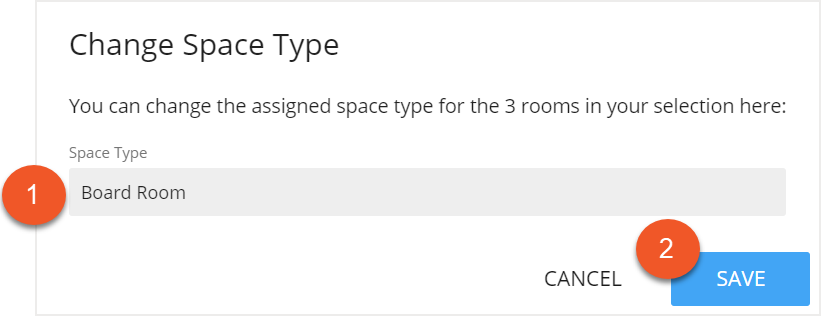 Change Space Type screen indicated with space type field and save button indicated
