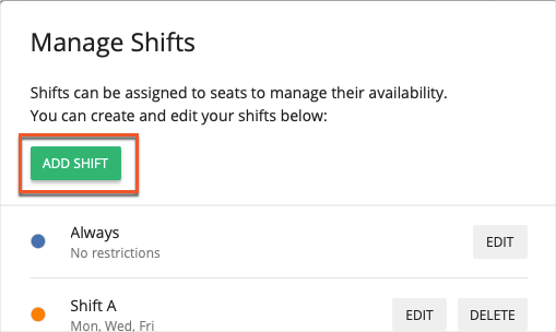 Manage Shifts Pop Up Add Shift Highlighted